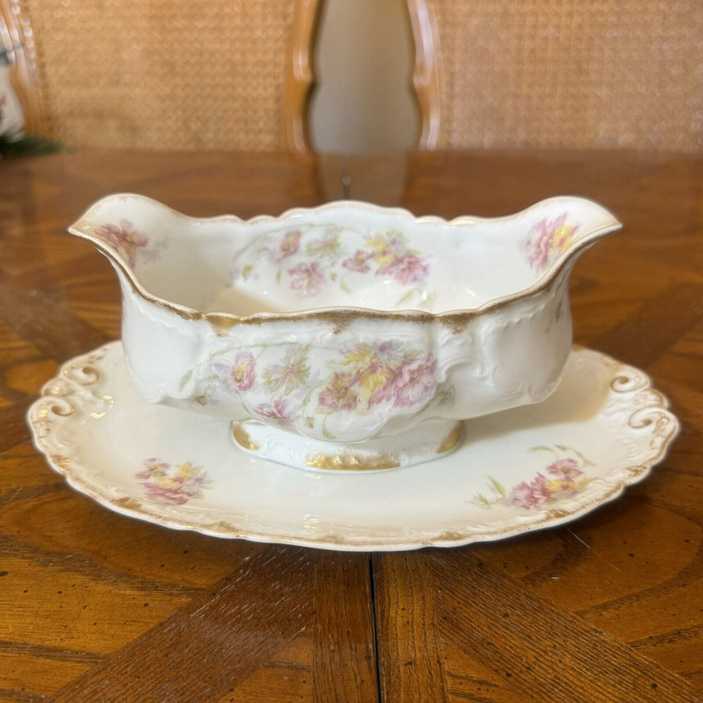 Antique Haviland Limoges Gravy Boat Schleiger Variant PinkYellow Roses w/Gold
